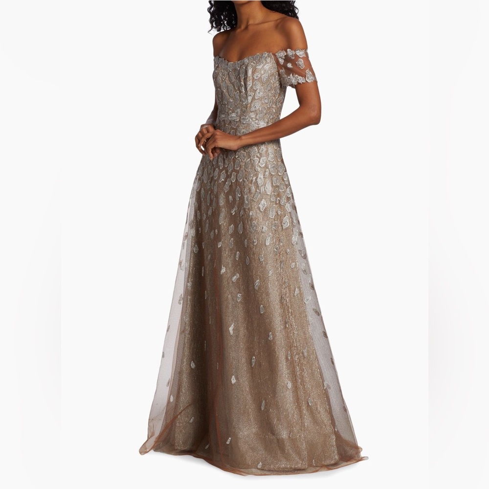 Rene Ruiz Tan and Silver Embellished Strapless Gown - Picture 2 of 8